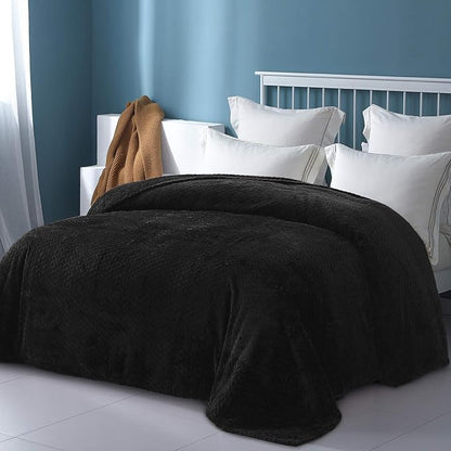 Exclusivo Mezcla Fleece Queen Size Blanket for Bed, 90x90 Inches Soft Cozy Jacquard Flannel Blankets, Lightweight Fuzzy Plush Warm for Winter, Black