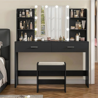 usikey Vanity Desk with Mirror and Lights, Vanity Makeup Table Set with 2 Drawers & 6 Open Shelves, Makeup Vanity Desk Dressing Table with Cushioned Stool, Black