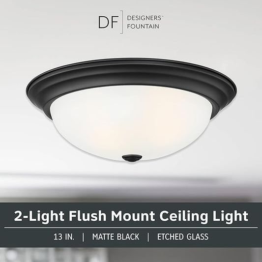 DESIGNERS FOUNTAIN Reedley 2-Lights Flush Mount Ceiling Light, 13 Inch Lighting Fixture for Kitchen, Bedroom, Bathroom, and Hallway, Matte Black with Etched Glass, 1257M-MB-W