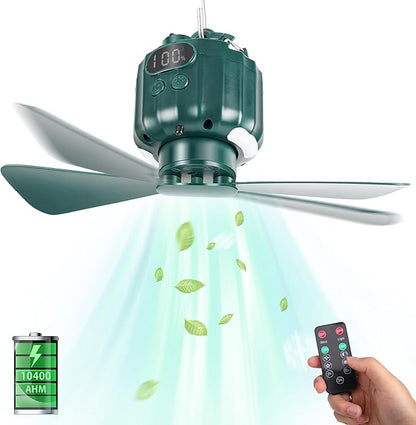 DUKUSEEK Tent Ceiling Fans for Camping, 10400mAH Large Capacity Portable Hanging Tent Fans with Light and Remote Control, USB Battery Operated Camping Fan for Canopy Tent Beach army green