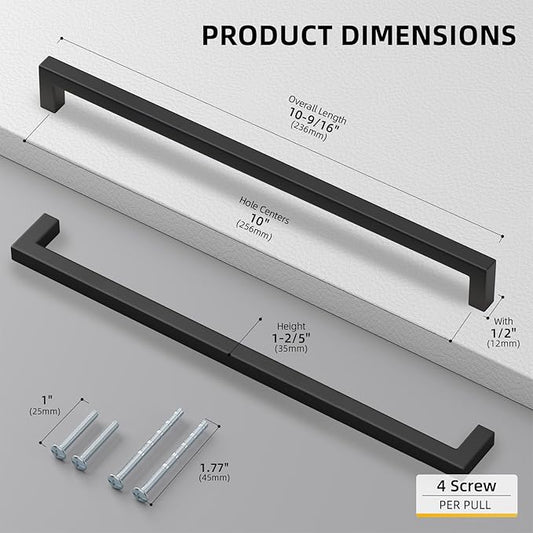 Goldenwarm 2 Pack Black Square Bar Cabinet Pull Drawer Handle Stainless Steel Modern Hardware for Kitchen and Bathroom Cabinets Cupboard,Center to Center 10in(256mm) Black Drawer Pulls