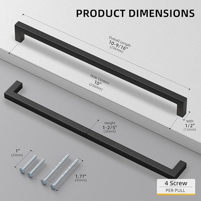 goldenwarm 200 Pack 10 Inch Black Cabinet Handles Matte Black Drawer Pulls Stainless Steel Cabinets Hardware Square Bar Modern for Kitchen Bathroom Cupboard