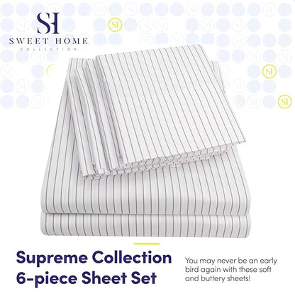 Cal King Size Bed Sheets - 6 Piece 1500 Supreme Collection Fine Brushed Microfiber Deep Pocket California King Sheet Set Bedding - 2 Extra Pillow Cases, Great Value, California King, Pinstripe White