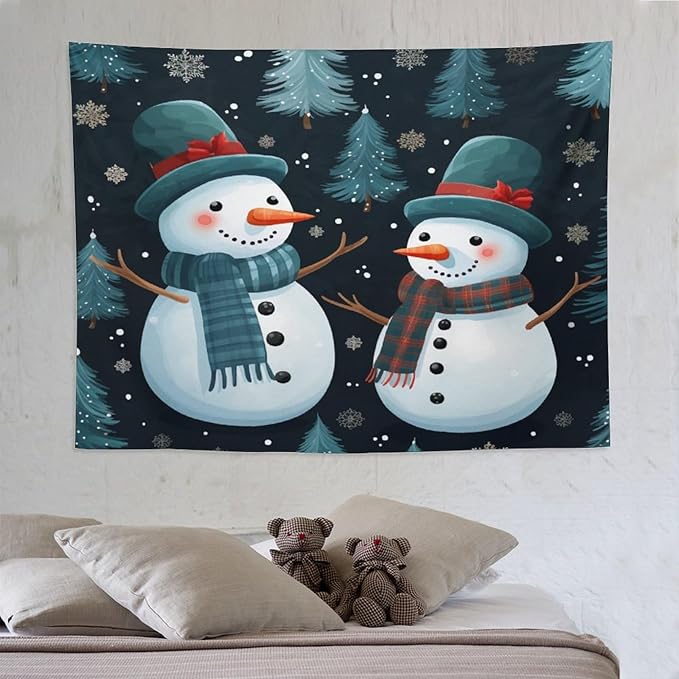 MaSiledy Tapestry Snowman Couple Tapestry Aesthetic Winter Snowflake Cute Cartoon Funny Snowman Wall Tapestries Wall Art Home Decoration for Bedroom Living Room Dorm Landscape 60"x80"