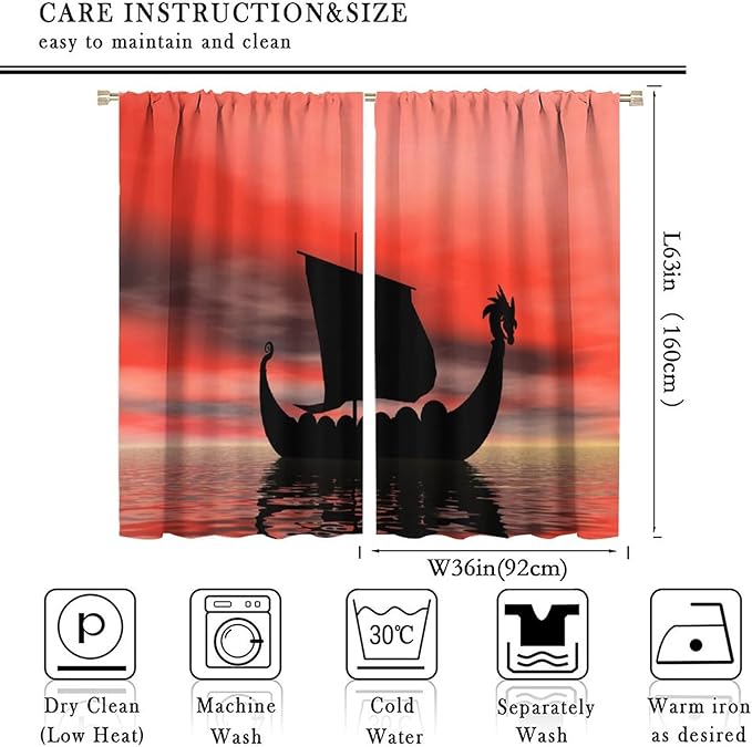 Viking Ship Curtains, Fantasy Ocean Vintage Sailboat at Sundown Nautical Themed Print Blackout Window Treatments for Boys Bedroom Living Room 72x63in