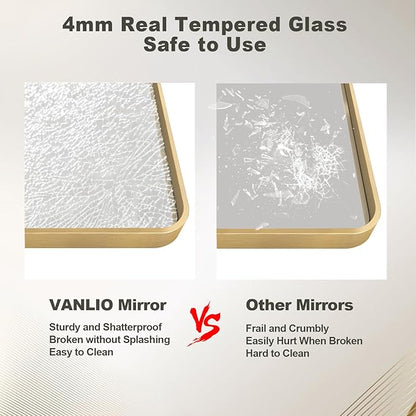 20x30 Inch Gold Framed Bathroom Mirror, Rectangle Brushed Gold Metal Vanity Mirror, Gold Mirror for Wall, Rounded Corner, Tempered Glass, Anti-Rust, Shatterproof (Horizontal/Vertical)