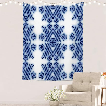 Batmerry Blue Art Flower Tapestry,Blue White Ceramic Glaze Tie Dye Wall Art Hanging Decoration Polyester Fiber White Ruffled Around for Dorm Room Bedroom Living Room, 59.1x51.2 inches