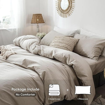 MooMee Bedding Duvet Cover Set 100% Washed Cotton Linen Like Textured Breathable Durable Soft Comfy (Heathered Tannish Linen Grey, Twin 68"x90")