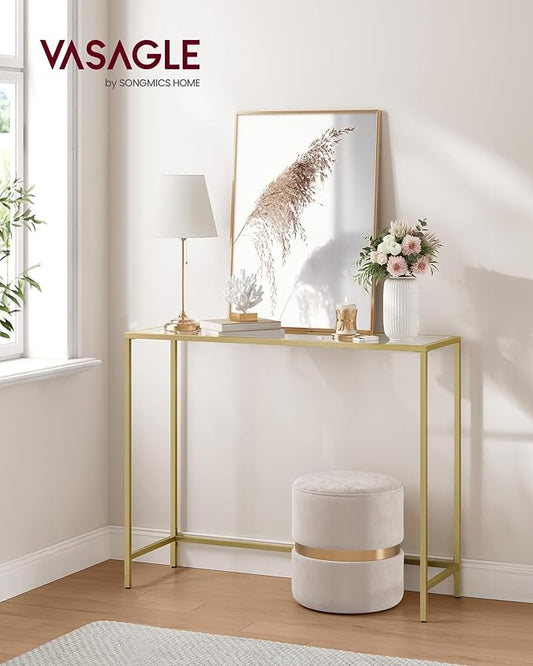 VASAGLE Entryway Table, Console Table, Tempered Glass Tabletop, Modern Sofa Table, Easy Assembly, with Adjustable Feet, for Living Room, Entryway, Pale Gold and Transparent ULGT132A01
