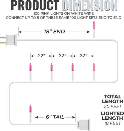 612 Vermont 100 Pink Christmas Lights on a White Wire String, UL Approved, Indoor/Outdoor Use, 18’ of Lighted Length, 20’ of Total Length