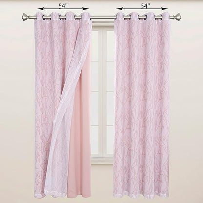 BONZER Mix and Match Curtains - 2 Pieces Branch Print Sheer Curtains and 2 Pieces Blackout Curtains for Bedroom Living Room Grommet Window Drapes, 54x84 Inch/Panel, Blush, Set of 4 Panels