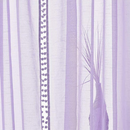 Treatmentex Pom-Pom Sheer Curtains for Kid's Room, 63" Linen Textured Volie Window Curtain Panels Lilac 52" w 1 Pair