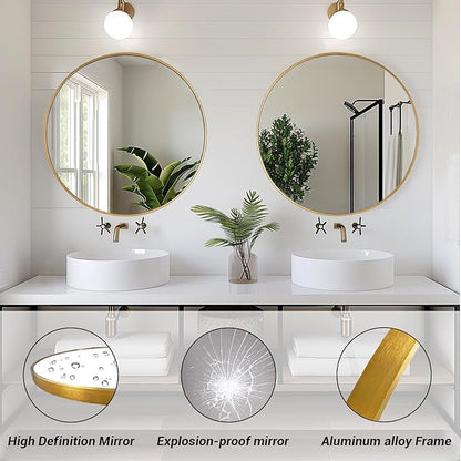 Gold Round Mirror 30 inch, Large Circle Mirror, Round Wall Mirror Metal Frame, Gold Circle Mirrors for Wall, Bathroom, Living Room, Hallway.