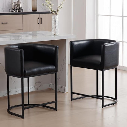 Modern Counter Height PU Leather Upholstered Bar Stools Set of 2, 24" Kitchen Counter Island Stools Bar Chairs with Black Metal Frame, Black