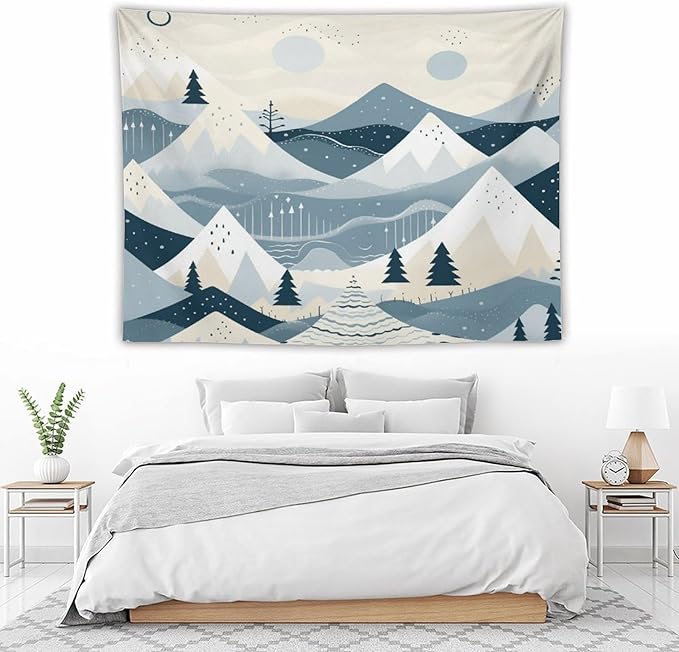 MaSiledy Snow Mountain Scandinavian Winter Wall Tapestries Hello Winter Holiday Tapestries for Bedroom Aesthetic Landscape Tapestry Wall Hanging for Bedroom Living Room Dorm 60"x80"