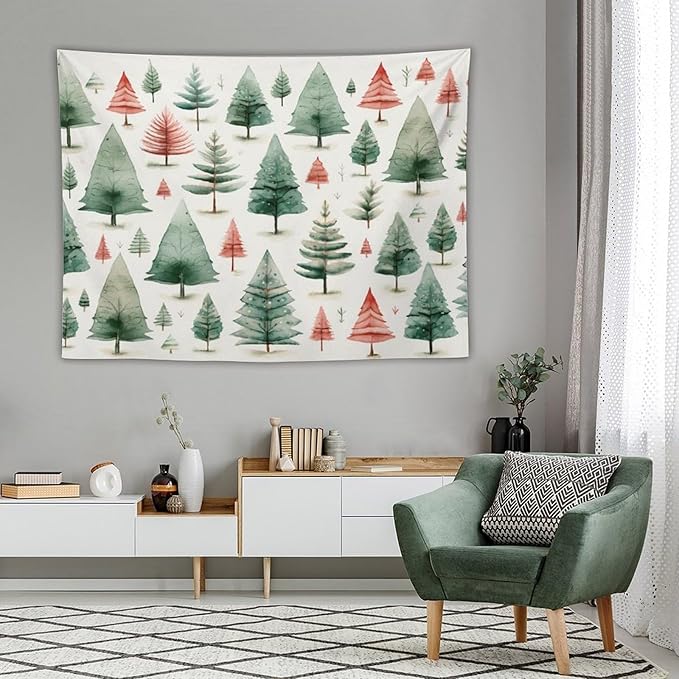 MaSiledy Vintage Christmas Tree Watercolor Tapastry's Wall Hanging Xmas Rustic Winter Holiday Tapestry for Bedroom Aesthetic Landscape Tapestry Wall Hanging for Bedroom Living Room Dorm Decor 60"x80"