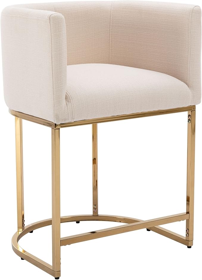 Modern Counter Height Linen Upholstered Bar Stool, 24" Kitchen Counter Island Stool Bar Chairs with Gold Metal Frame for Kitchen Island, Cream