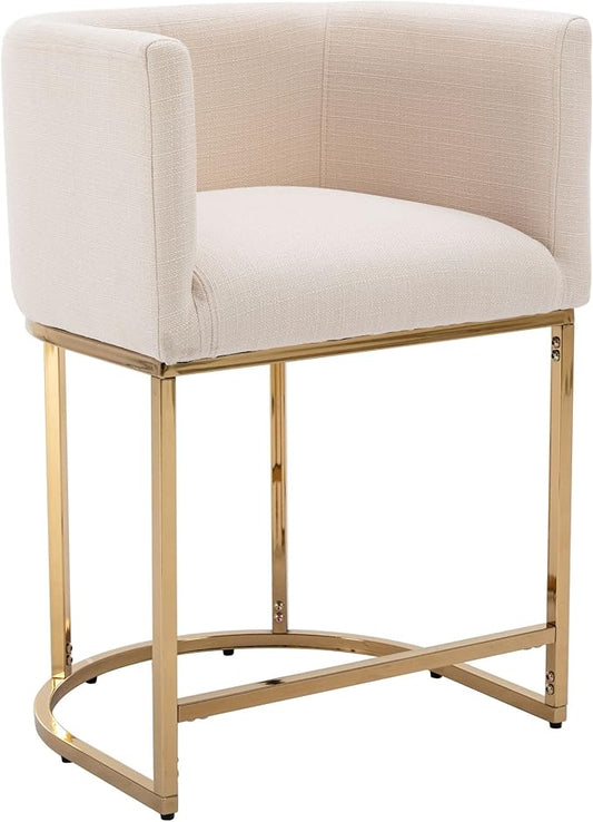 Modern Counter Height Linen Upholstered Bar Stool, 24" Kitchen Counter Island Stool Bar Chairs with Gold Metal Frame for Kitchen Island, Cream