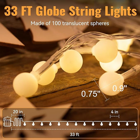 WERTIOO 33ft 100 LEDs Battery Operated String Lights Globe Fairy Lights with Remote Control for Outdoor/Indoor, Tent, Camping, Bedroom,Garden,Christmas Tree[8 Modes,Timer ] (Warm White)