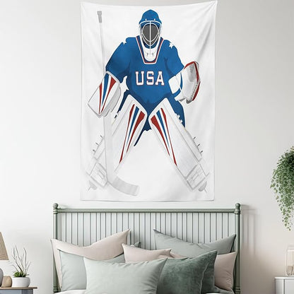 Ambesonne Sports Tapestry, USA Hockey Goalie Protection Jersey Sport Wear Activity Hobby Illustration, Wall Hanging for Bedroom Living Room Dorm Decor, 40" X 60", Burgundy White