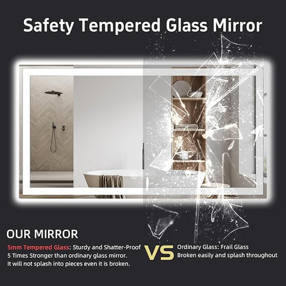 55"x 36" LED Bathroom Mirror with Lights, Double Lighting Sources Dimmable, Backlit + Front Lit, Anti-Fog, 3 Colors Lighted Bathroom Vanity Mirror for Wall Tempered Glass (Horizontal/Vertical)