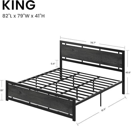 LIKIMIO King Bed Frame with Headboard and Footboard, Metal Strong Supports, Easy Assembly, Noise-Free, No Box Spring Needed, Charcoal Grey