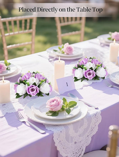 BLOSMON Lilac Flowers Balls for Centerpieces: 10 Pcs Purple White Fake Roses Flower for Wedding Table - Artificial Silk Kissing Bouquet Floral Arrangement Center for Home Party Event Decor