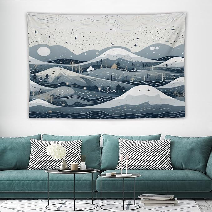 Snow Mountain Scandinavian Winter Wall Tapestry Hello Winter Holiday Tapestries for Bedroom Landscape Tapestry Wall Hanging for Dorm Living Room 60"x90" Tapestries Winter Snowflake Decorative