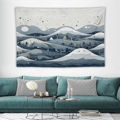 Snow Mountain Scandinavian Winter Wall Tapestry Hello Winter Holiday Tapestries for Bedroom Landscape Tapestry Wall Hanging for Dorm Living Room 60"x90" Tapestries Winter Snowflake Decorative