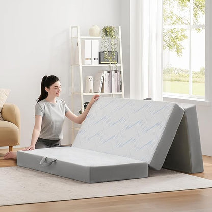 Foldable Mattress Cot 4 inch -Portable White Memory Foam Folding Matress with Washable Cover for Camping Travel Guest Room Home Use-Non-Slip&Easy Storage