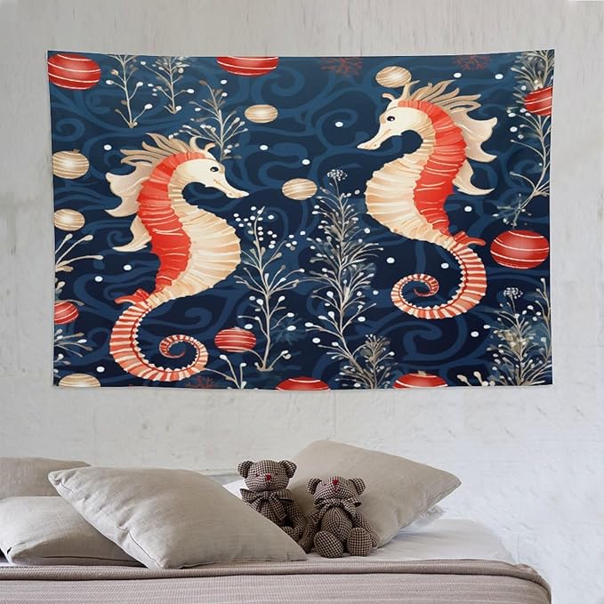 Tapestry Seahorse Christmas Kiss Beach Aesthetic Bedroom Tapestries Ocean Coastal Beach Wall Tapestries Home Decoration for Bedroom Living Room Dorm Landscape 60"x90" Christmas Family Party