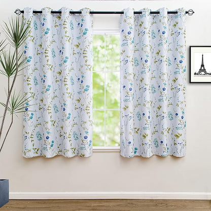 Linentalks Floral Blackout Curtains 63 Inch Length 2 Panels Set, Short Thermal Insulated Patterned Blackout Curtains for Living Room, Grommet Room Darkening Curtains Green Blue Black Out Curtains