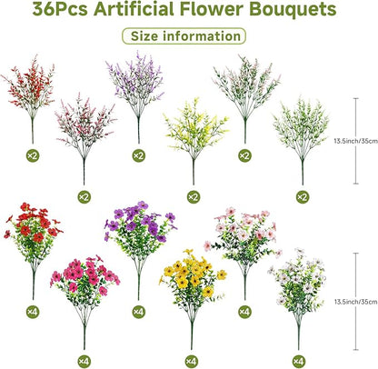 SHareconn 36 Bundles Artificial Flowers for Outdoors, Faux Plants Fake Silk Colorful Daisy Eucalyptus Lavender, UV Resistant for Outside Home Porch Patio Spring Decor, RedRosyPurpleYellowPinkWhite