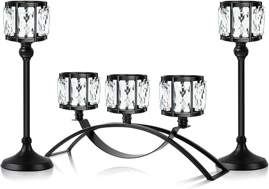 Black Set of 3 Crystal Candle Holders Arched - Elegant Tabletop Candelabra Centerpiece for Weddings, Dining Room Decor, Modern Home & Cabinet Display Housewarming