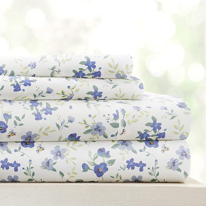 Linen Market 4 Piece King Sheet Set - Breathable, Double-Brushed Patterned Cooling Sheets – Oeko-TEX Certified Ultra Soft & Wrinkle-Free 16" Deep-Pocket King Sheets - Easy Care Blossoms Light Blue