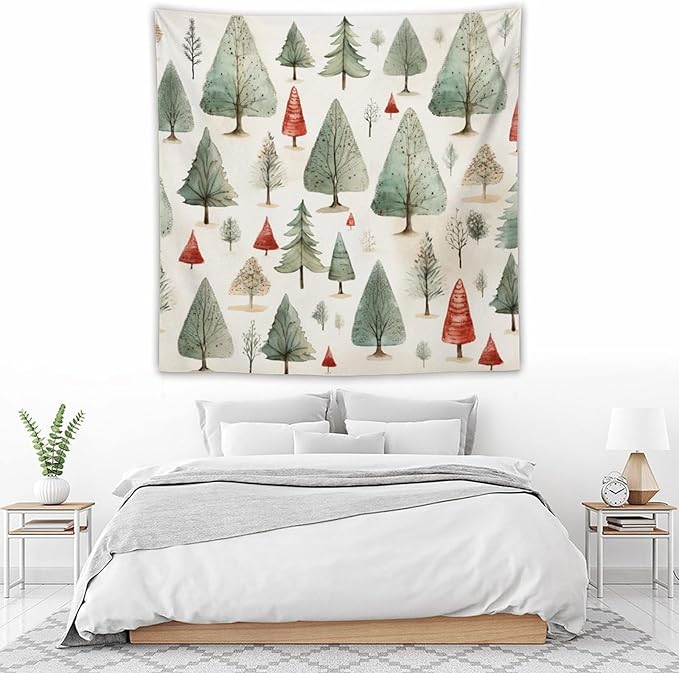Wall Tapestries Vintage Christmas Tree Watercolor Tapestry Happy New Year Bedroom Tapestries Wall Hanging Decor Tapestry for Bedroom Aesthetic Alt Room 60"x60" Tapestries Winter Snowflake Decorative