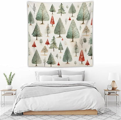 Wall Tapestries Vintage Christmas Tree Watercolor Tapestry Happy New Year Bedroom Tapestries Wall Hanging Decor Tapestry for Bedroom Aesthetic Alt Room 60"x60" Tapestries Winter Snowflake Decorative