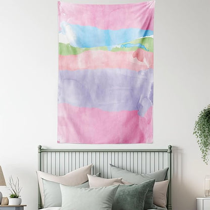 Lunarable Abstract Tapestry Twin Size, Paintbrush Watercolor Large Pastel Horizontal Stripes in Various Tones Boho Print, Wall Hanging Bedspread Bed Cover Wall Decor, Twin Size, Lilac Pink
