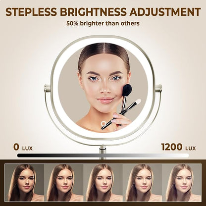 9" Wall Mounted Lighted Makeup Mirror, 3000mAh Rechargeable Double Sided 1X/10X Magnifying Mirror with Hook, 3 Color Lights Dimmable 360° Rotation Vanity Mirror for Bathroom