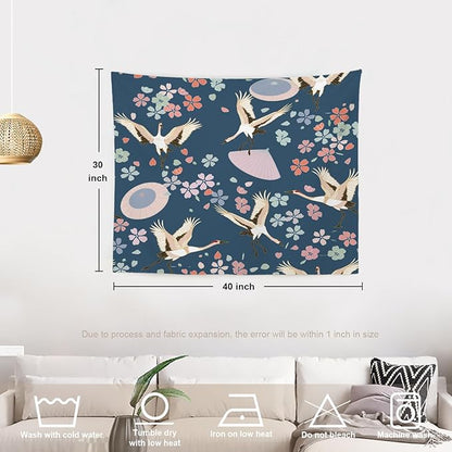 Batmerry Navy Blue Japanese Cherry Tapestry, Oriental Wall Art Hanging Decoration Polyester Fiber White Ruffled Around For Dorm Room Bedroom Living Room, 30 X 40 Inches