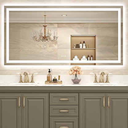 USHOWER LED Bathroom Mirror 72x36 Inch Over Sink - Frameless Tempered Glass LED Backlit Lighted Mirror for Bathroom Vanity with Anti-Fog, 3 Colors Dimmable, Memory Function, Wall-Mounted