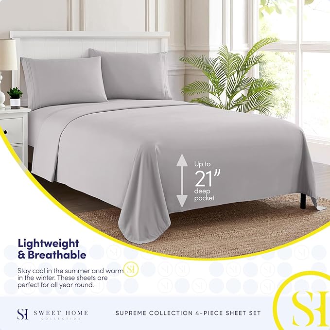 Twin Sheets - Breathable Luxury Sheets with Full Elastic & Secure Corner Straps Built In - 1800 Supreme Collection Extra Soft Deep Pocket Bedding Set, Sheet Set, EXTRA DEEP pocket - Twin, Silver