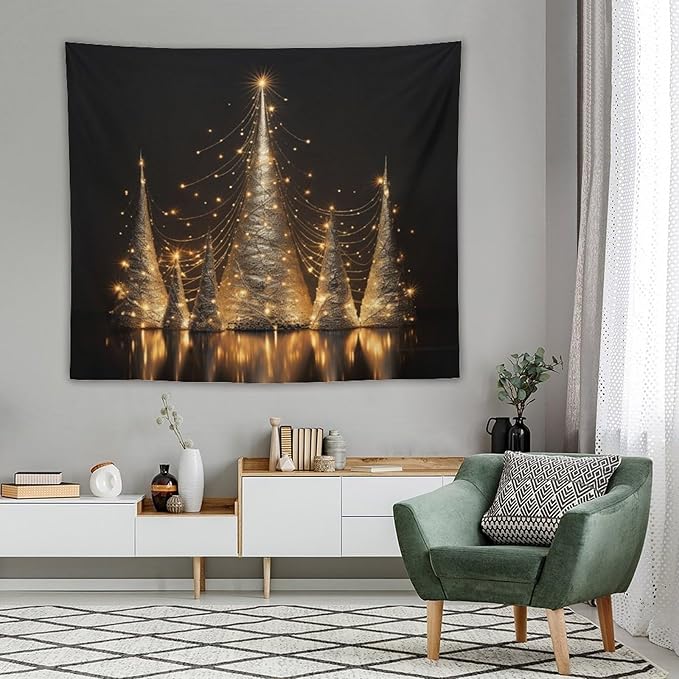 Silver Lighted Christmas Trees Tapastry's Wall Hanging Vintage Christmas Tapestries for Bedroom Landscape Tapestry Home Decoration for Living Room Bedroom 50"x60" Christmas Family Party