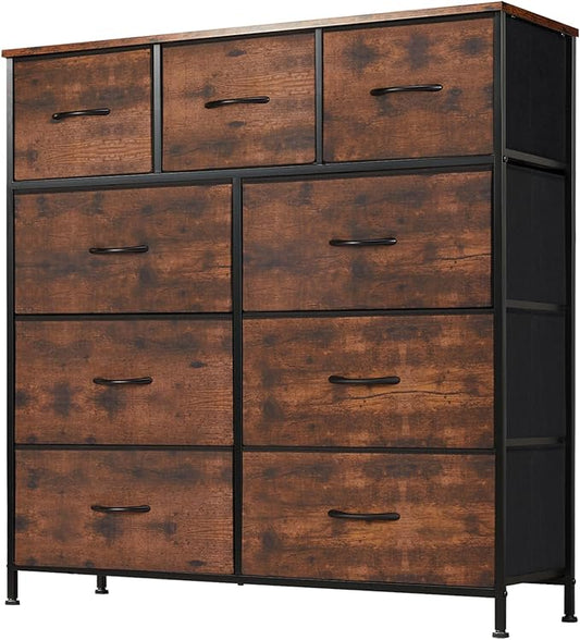DUMOS Dresser for Bedroom, Storage Organizer with 9 Drawers, Chest of Drawers with Fabric Bins, Sturdy Metal Frame, Wood Tabletop for Guest Room, Closet, Entryway, Nursery