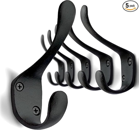 5 Pack Decorative Cast Iron Heavy Duty Double Hooks, Wall Mounted Coat Hooks, Vintage Inspired (Antique Black) (Spoon Hook)