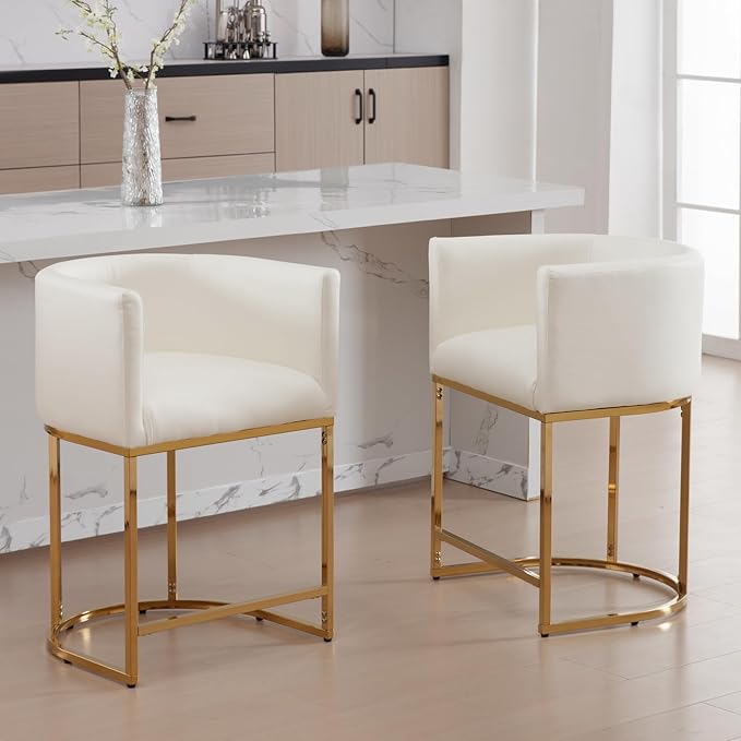 Modern Counter Height PU Leather Upholstered Bar Stools Set of 3, 24" Kitchen Counter Island Stools Bar Chairs with Gold Metal Frame, White