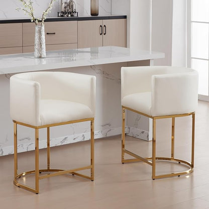 Modern Counter Height PU Leather Upholstered Bar Stools Set of 3, 24" Kitchen Counter Island Stools Bar Chairs with Gold Metal Frame, White