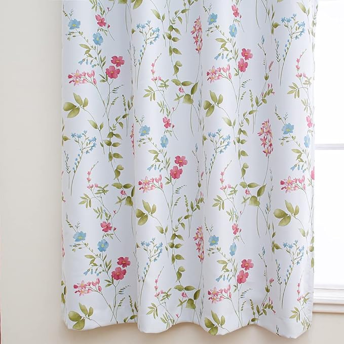 Linentalks Floral Bedroom Curtains, Farmhouse Thermal Insulated Blackout Curtains, 63 Inches Long, 2 Panels Set, Green Red Multi