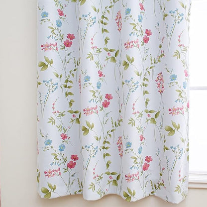 Linentalks Floral Bedroom Curtains, Farmhouse Thermal Insulated Blackout Curtains, 63 Inches Long, 2 Panels Set, Green Red Multi