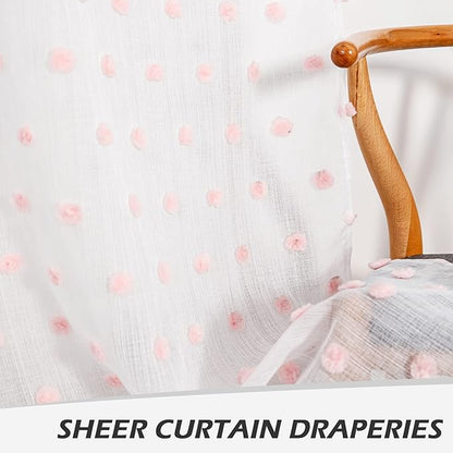 MYSKY HOME Pom Pom Sheer Curtains for Girls' Bedroom & Nursery - Pink, 72 Inch Long, 2 Panels, Light Filtering, Rod Pocket, Semi Window Drapes, 38 x 72 inch